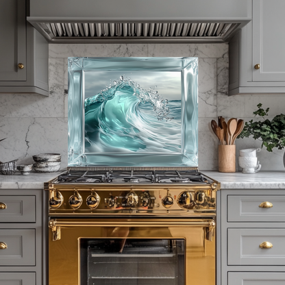 Ocean Wave Framed Look One Piece Tempered Glass Kitchen Backsplash for Stove Behind, Kitchen Splashback, Glass Wall Art