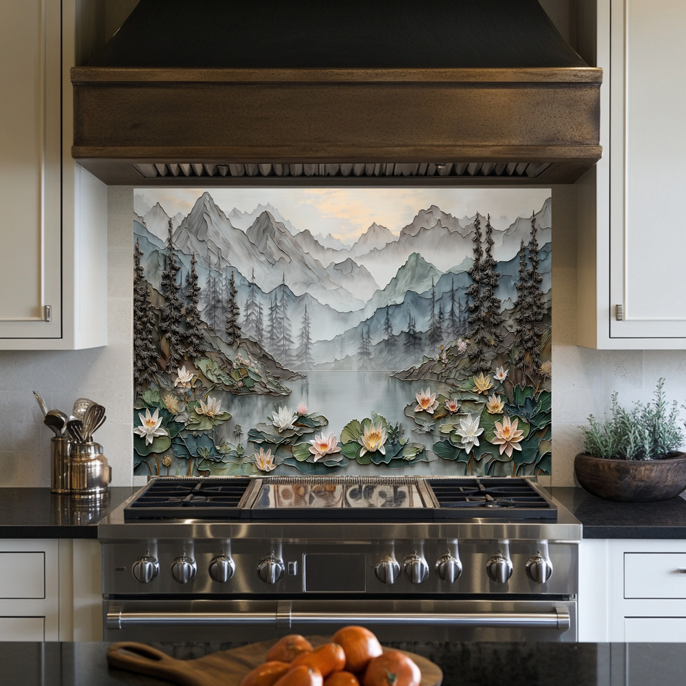 Made in USA, Floral Landscape Glass Backsplash & Wall Art – Pine Tree Splashback