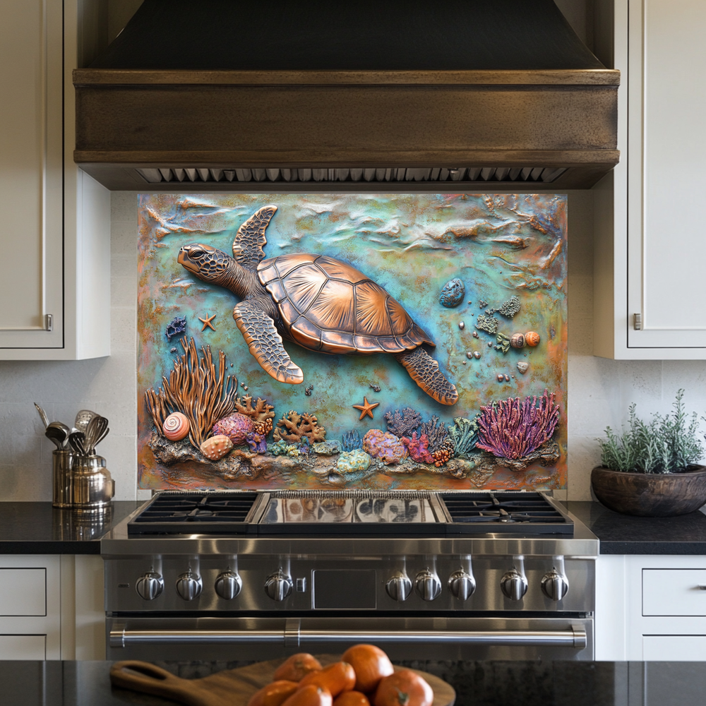 Copper Embossed Look Sea Turtle Glass Backsplash • Coastal Kitchen Panel • Artistic Ocean Texture • Nautical Decorative Panel