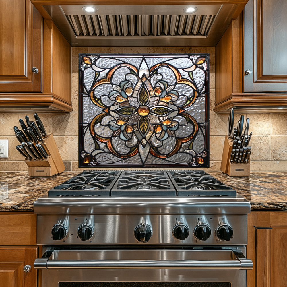 Stained Glass Look One Piece Tempered Glass Kitchen Splashback For Stove Behind, Kitchen Backsplash, Wall Art