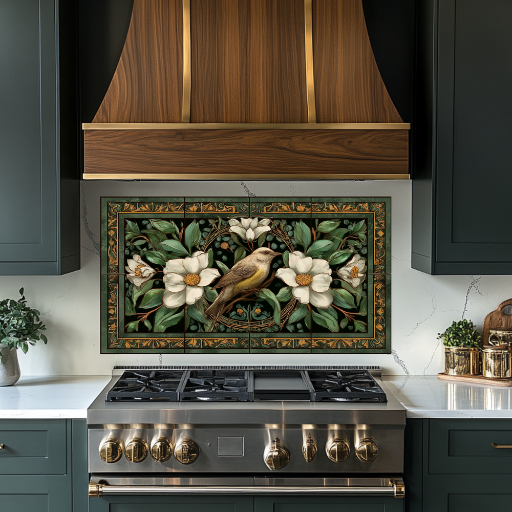Bird and Floral Glass Backsplash Tile, Decorative Kitchen Wall Art, Custom Glass Panel, Made in USA
