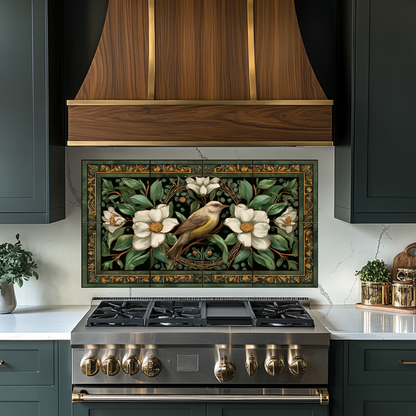 Bird and Floral Glass Backsplash Tile, Decorative Kitchen Wall Art, Custom Glass Panel, Made in USA