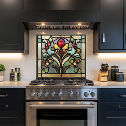 Stained Glass One Piece Tempered Glass Kitchen Splashback For Stove Behind, Kitchen Backsplash, Wall Art