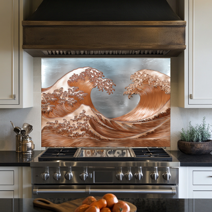 Copper Look Ocean Wave Glass Backsplash • Coastal Wall Art Panel • Artistic Blue Water Kitchen Decor • Textured Inspired Ocean Tile