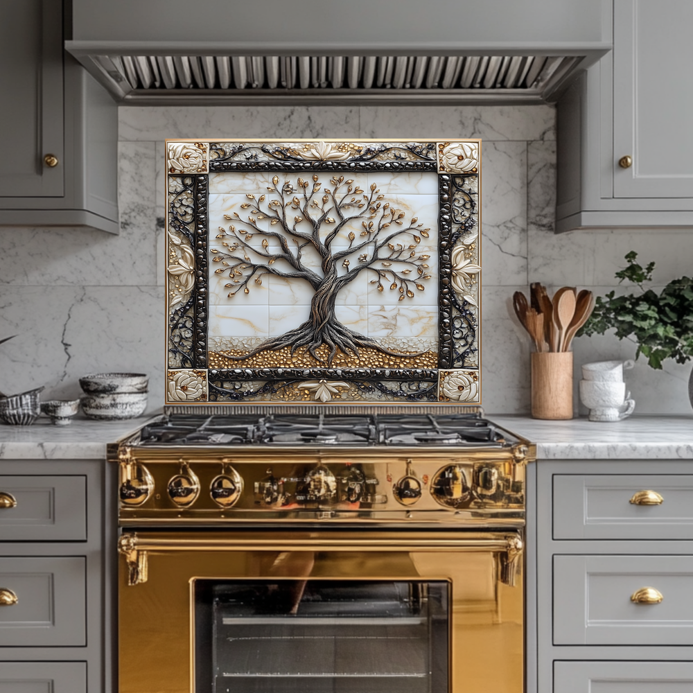 Attractive Life of Tree Framed Look One Piece Tempered Glass Kitchen Backsplash for Stove Behind, Kitchen Splashback, Glass Wall Art