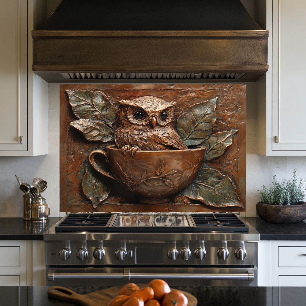 Rustic Owl Copper Look Glass Backsplash Panel, Embossed Style Owl Print on Tempered Glass Wall Art, Artistic Kitchen Splashback