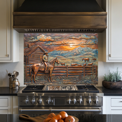 Copper Look Farm House One Piece Tempered Glass Kitchen Splashback For Stove Behind, Kitchen Backsplash, Wall Art