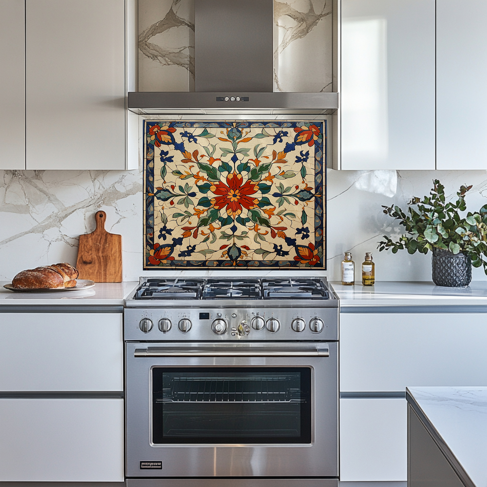 Red Ottoman Patterns One Piece Tempered Glass Kitchen Splashback For Stove Behind, Kitchen Backsplash, Kitchen Backsplash, Wall Art