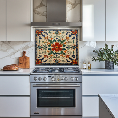 Red Ottoman Patterns One Piece Tempered Glass Kitchen Splashback For Stove Behind, Kitchen Backsplash, Kitchen Backsplash, Wall Art