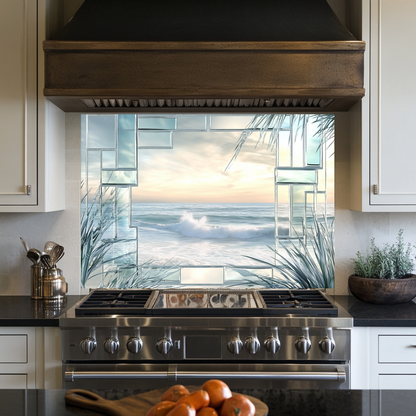 Ocean Landscape Scene Printed Tempered Glass Kitchen Backsplash Splashback Decorative Wall Art Panel for Modern Coastal Home Decor