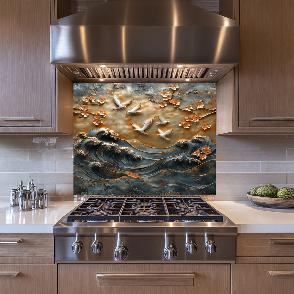 Waves and Pigeons Prints One Piece Tempered Glass Kitchen Splashback For Stove Behind, Kitchen Backsplash, Wall Art