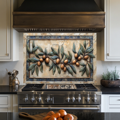 Copper Look Olive Branches One Piece Tempered Glass Kitchen Splashback For Stove Behind, Kitchen Backsplash, Wall Art