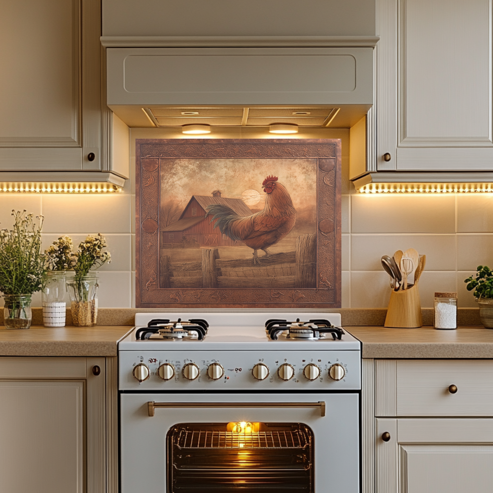 Copper Embossed Look Mediterranean Rooster Glass Backsplash • Rustic Kitchen Panel • Artistic Farmhouse Tile Design • Traditional Wall Piece