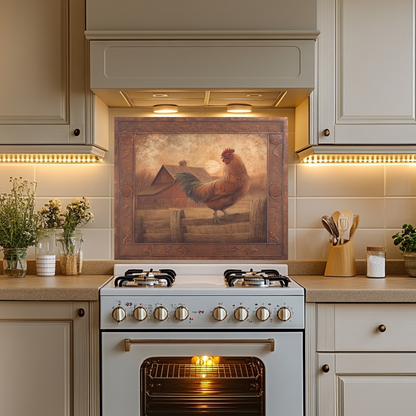 Copper Embossed Look Mediterranean Rooster Glass Backsplash • Rustic Kitchen Panel • Artistic Farmhouse Tile Design • Traditional Wall Piece