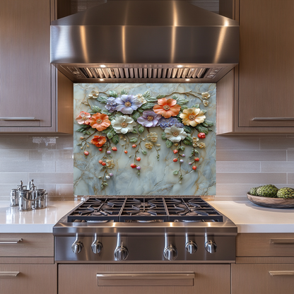Embossed Flowers One Piece Tempered Glass Kitchen Splashback For Stove Behind, Kitchen Backsplash, Wall Art