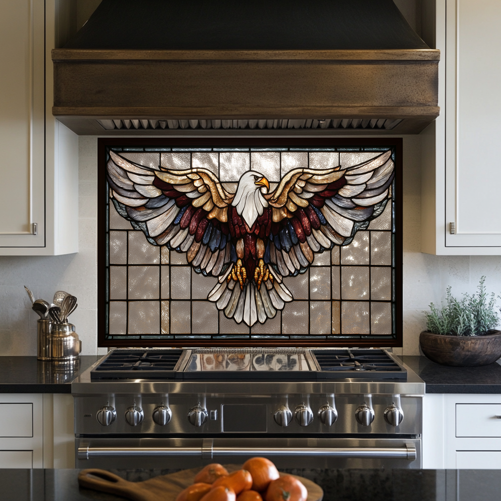 Stained Glass Style Eagle Glass Backsplash Panel, UV Printed Tempered Kitchen Wall Art, Nature Inspired Theme Decorative Glass Tile