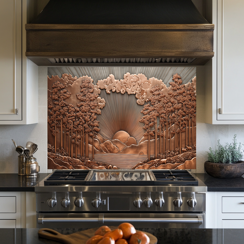 Copper Tone Sun Shine & Glass Tree Landscape Printed Tempered Glass Kitchen Backsplash Splashback or Wall Art Panel