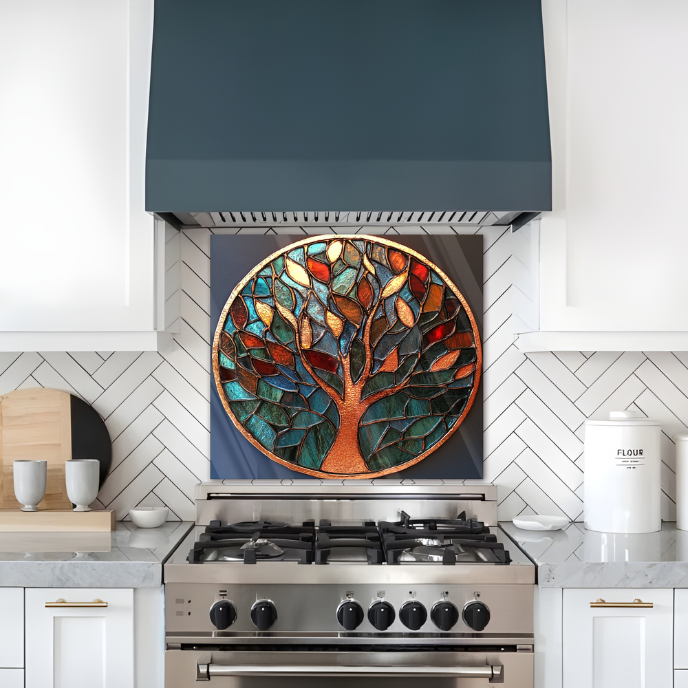 Life of Tree Stained Glass Look One Piece Tempered Glass Kitchen Splashback For Stove Behind, Kitchen Backsplash, Kitchen Backsplash, Wall Art