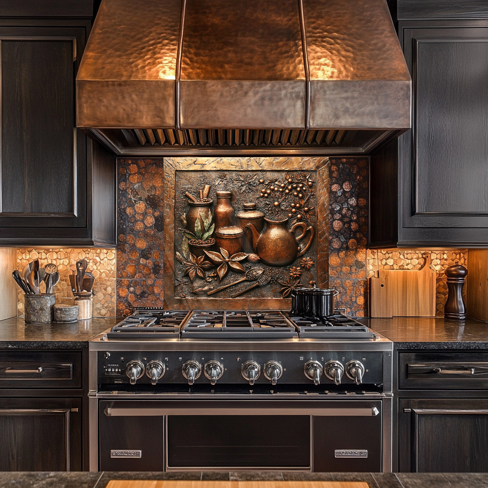 Copper Look Spice Bottles Print One Piece Tempered Glass Kitchen Splashback For Stove Behind, Kitchen Backsplash, Wall Art