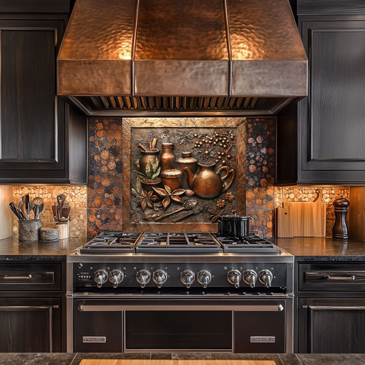 Copper Look Spice Bottles Print One Piece Tempered Glass Kitchen Splashback For Stove Behind, Kitchen Backsplash, Wall Art