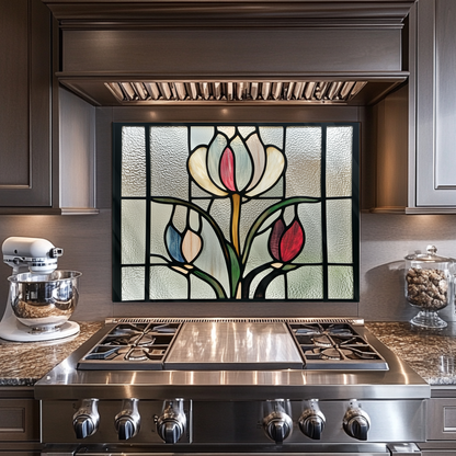 Tulips Stained Glass Look One Piece Tempered Glass Kitchen Splashback For Stove Behind, Kitchen Backsplash, Kitchen Backsplash, Wall Art