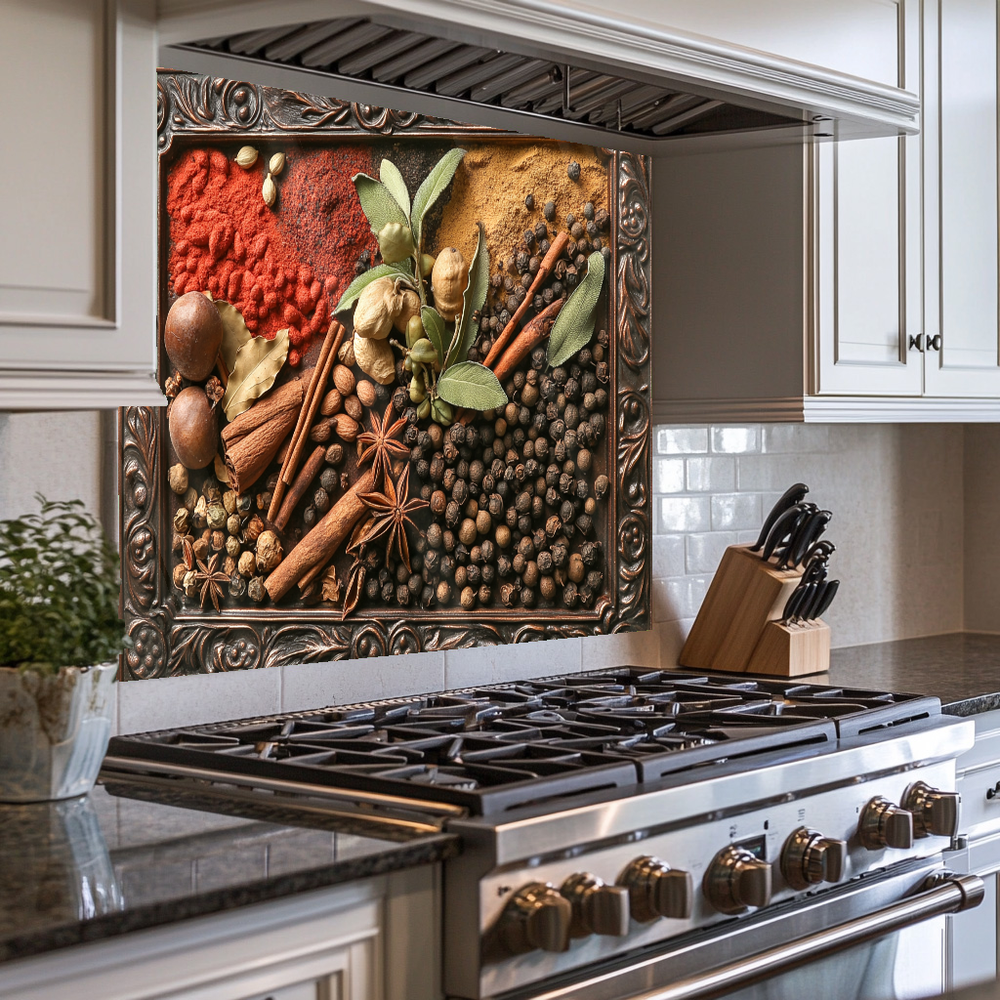 Copper Look Spices Print One Piece Tempered Glass Kitchen Splashback For Stove Behind, Kitchen Backsplash, Wall Art