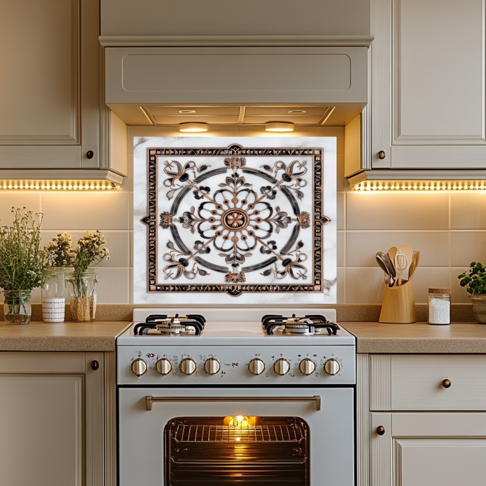 Made in USA Glass Backsplash, Pattern Tile Look One Piece Tempered Glass Kitchen Splashback For Stove Behind, Marble Look Backsplash