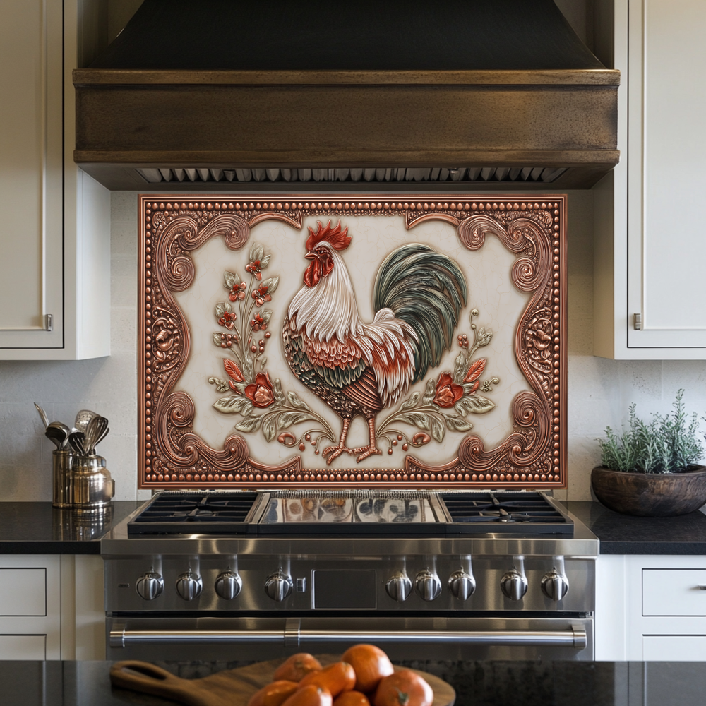 Copper Embossed Mediterranean Rooster Glass Backsplash • Rustic Kitchen Panel • Artistic Farmhouse Tile Design • Traditional Wall Piece