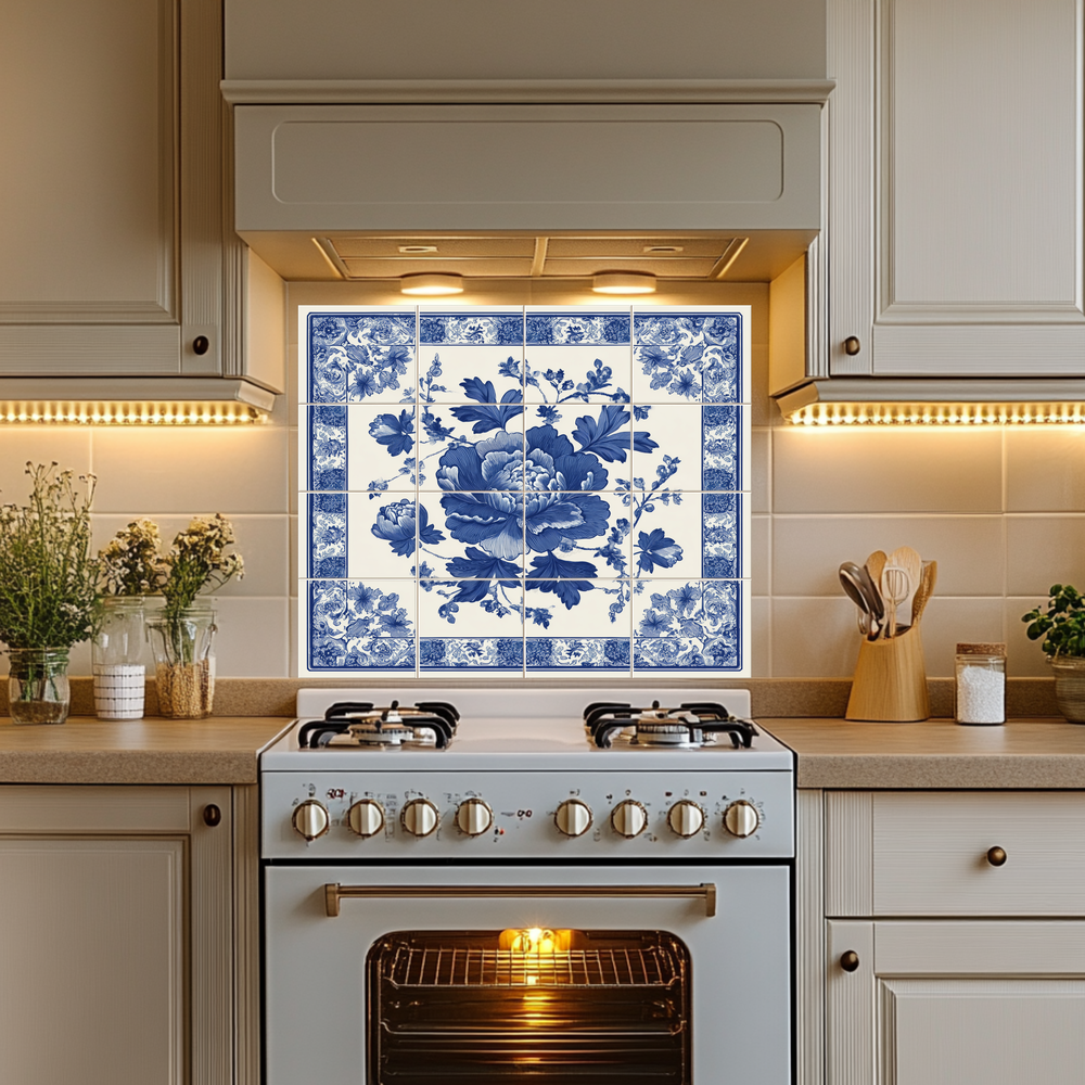 Floral Delft Blue Glass Backsplash, Blue White Dutch Style Wall Art, Custom Printed Glass Panel, Made in USA