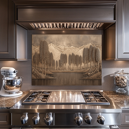 Copper Look Nature Landscape Glass Backsplash • Rustic Wall Art Panel • Mountain River Home Decor • Earthy Decorative Piece