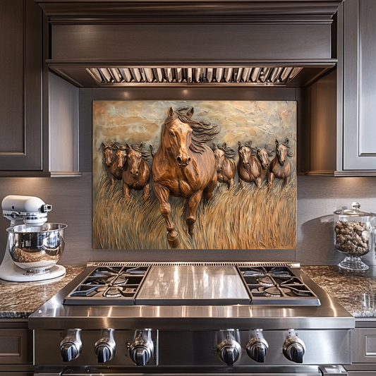 Glass Backsplash with Copper Horses, Tempered Wall Art Panel, Horse Kitchen Decor, Rustic Animal Tile