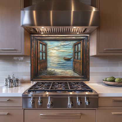 Wooden Window Prints One Piece Tempered Glass Kitchen Splashback For Stove Behind, Kitchen Backsplash, Wall Art