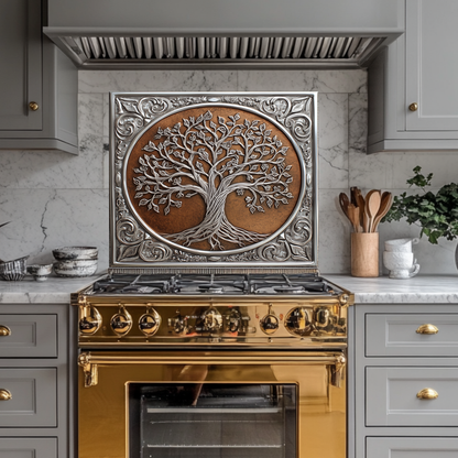 Glass Backsplash, Copper Look One Piece Tempered Glass Kitchen Splashback for Stove Behind, Tree of Life Backsplash, Kitchen Backsplash