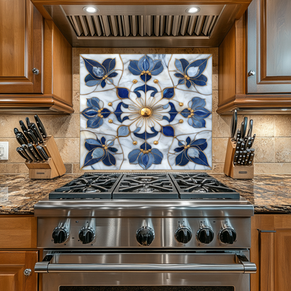 Blue&Gold Pattern Marble Look One Piece Tempered Glass Kitchen Splashback For Stove Behind, Kitchen Backsplash, Kitchen Backsplash, Wall Art