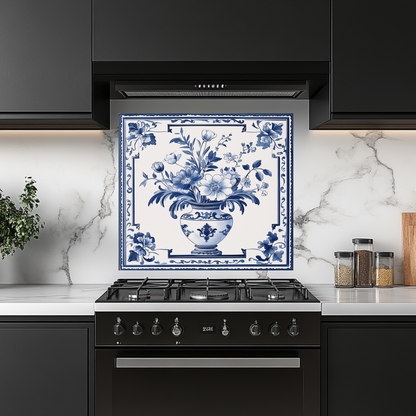 Delft Blue Vase One Piece Tempered Glass Kitchen Splashback For Stove Behind, Kitchen Backsplash, Wall Art