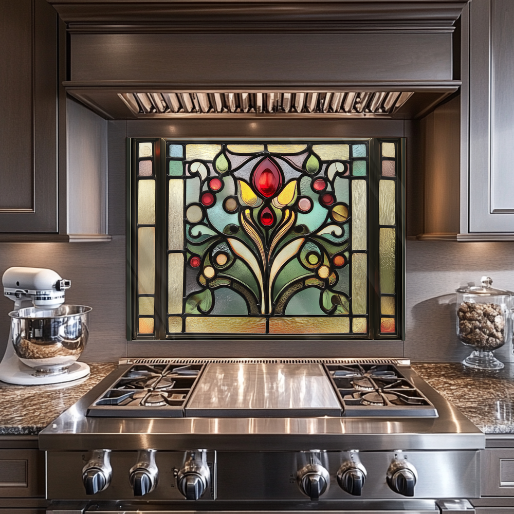 Stained Glass One Piece Tempered Glass Kitchen Splashback For Stove Behind, Kitchen Backsplash, Wall Art