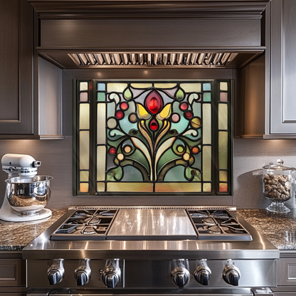 Stained Glass One Piece Tempered Glass Kitchen Splashback For Stove Behind, Kitchen Backsplash, Wall Art