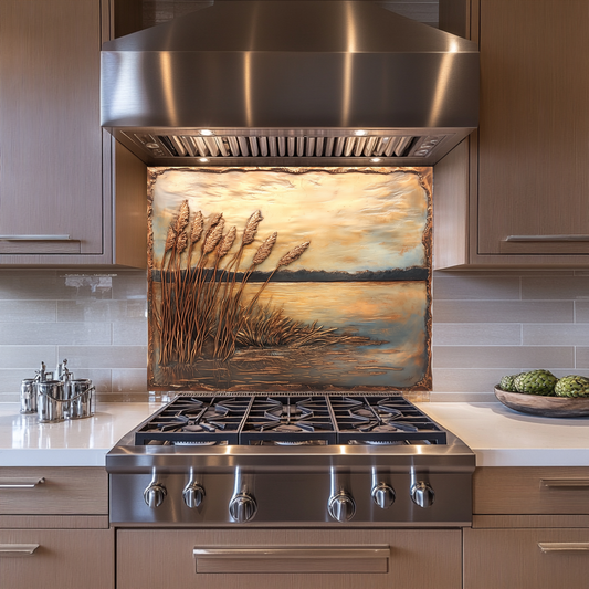 Copper Relief Look Reeds One Piece Tempered Glass Kitchen Splashback For Stove Behind, Kitchen Backsplash, Wall Art