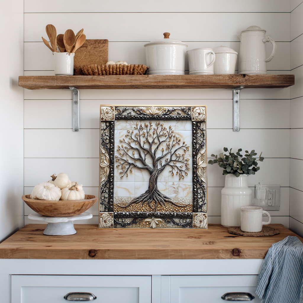 Attractive Life of Tree Framed Look One Piece Tempered Glass Kitchen Backsplash for Stove Behind, Kitchen Splashback, Glass Wall Art