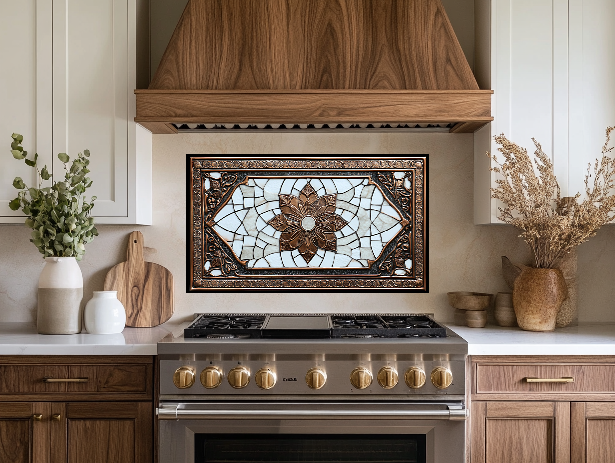 Copper Ottoman Tile Pattern Printed Tempered Glass Kitchen Splashback Backsplash Decorative Wall Panel for Stove Behind and Interior Decor