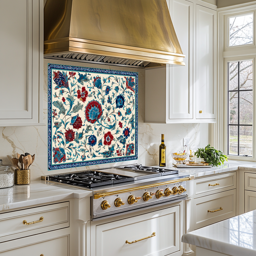 Ottoman Inspired Turkish Glass Backsplash Tile, Decorative Kitchen Splashback, Custom Printed Glass, USA Made