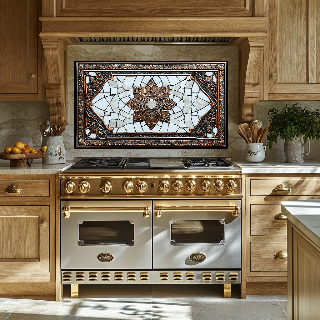 Copper Ottoman Tile Pattern Printed Tempered Glass Kitchen Splashback Backsplash Decorative Wall Panel for Stove Behind and Interior Decor
