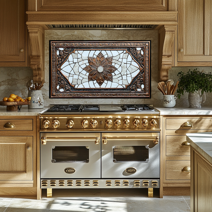 Copper Ottoman Tile Pattern Printed Tempered Glass Kitchen Splashback Backsplash Decorative Wall Panel for Stove Behind and Interior Decor