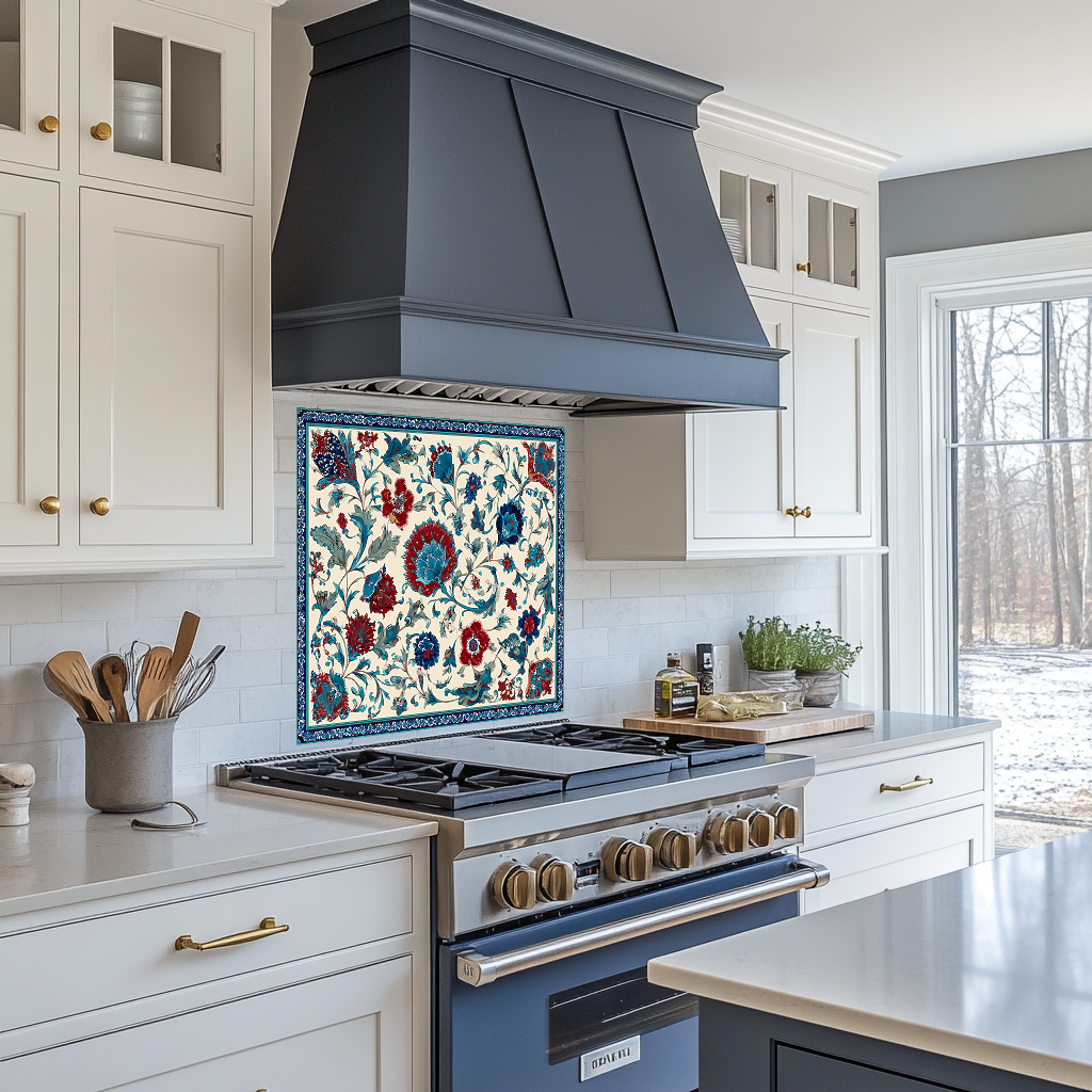 Ottoman Inspired Turkish Glass Backsplash Tile, Decorative Kitchen Splashback, Custom Printed Glass, USA Made
