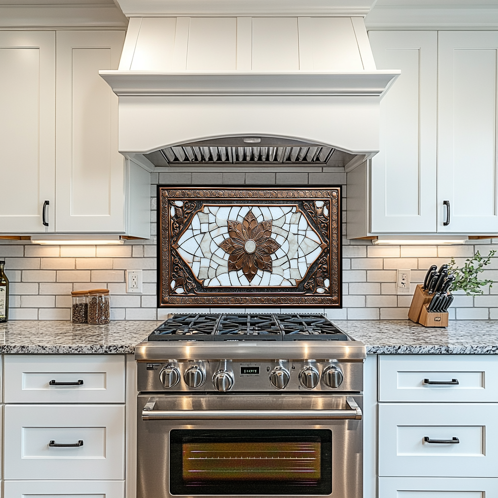 Copper Ottoman Tile Pattern Printed Tempered Glass Kitchen Splashback Backsplash Decorative Wall Panel for Stove Behind and Interior Decor