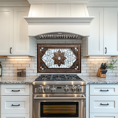 Copper Ottoman Tile Pattern Printed Tempered Glass Kitchen Splashback Backsplash Decorative Wall Panel for Stove Behind and Interior Decor