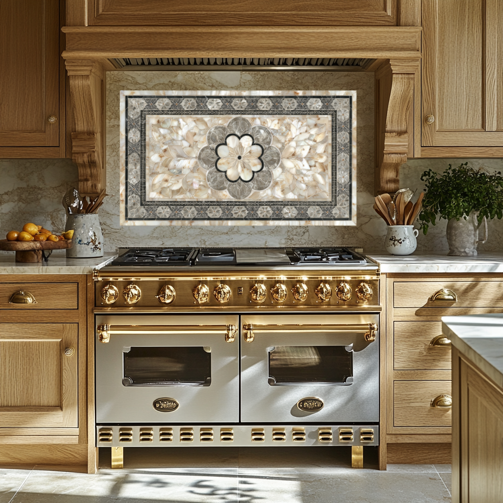 Ottoman Pattern on Marble Print Background Glass Backsplash for Kitchen Stove, Custom Wall Art, Heat-Resistant Kitchen Decor