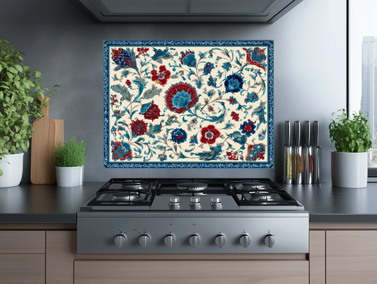 Ottoman Inspired Turkish Glass Backsplash Tile, Decorative Kitchen Splashback, Custom Printed Glass, USA Made