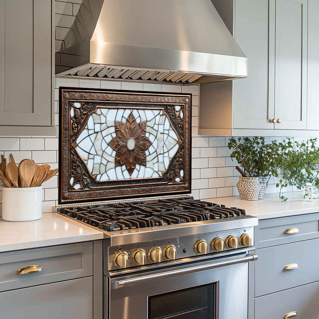 Copper Ottoman Tile Pattern Printed Tempered Glass Kitchen Splashback Backsplash Decorative Wall Panel for Stove Behind and Interior Decor
