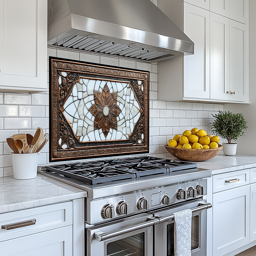Copper Ottoman Tile Pattern Printed Tempered Glass Kitchen Splashback Backsplash Decorative Wall Panel for Stove Behind and Interior Decor